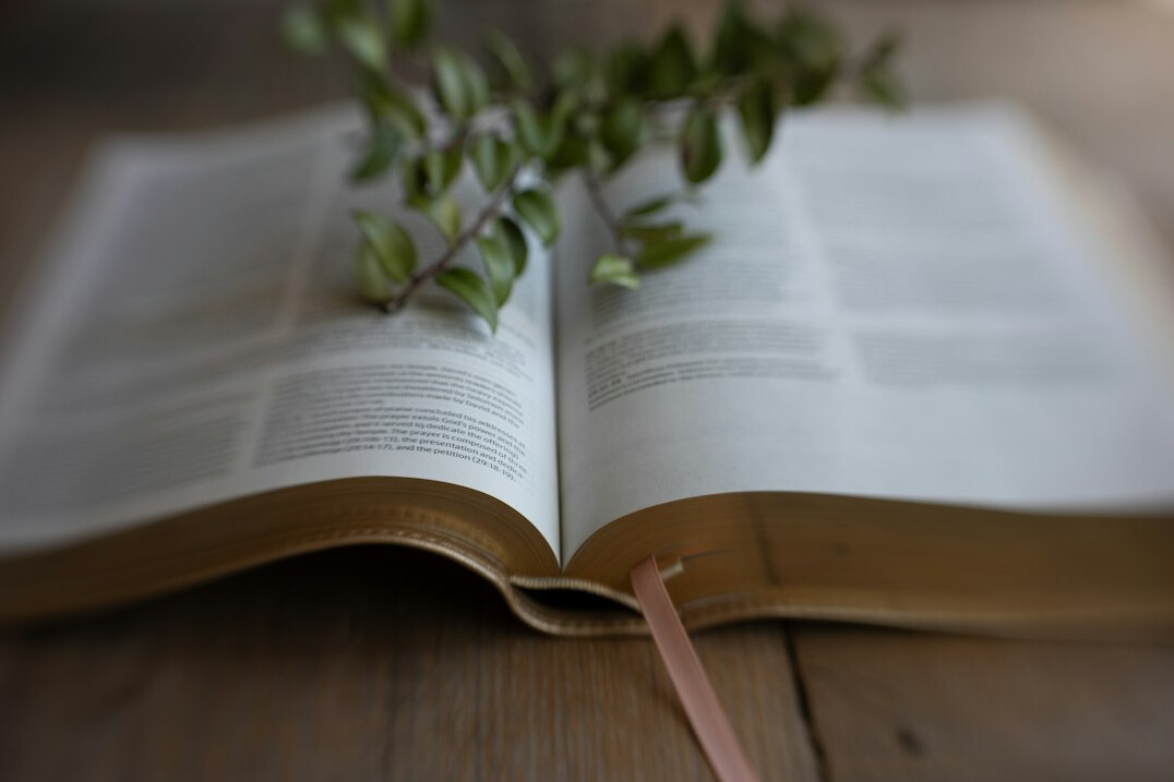 Old open book with yellowed pages on a wooden table